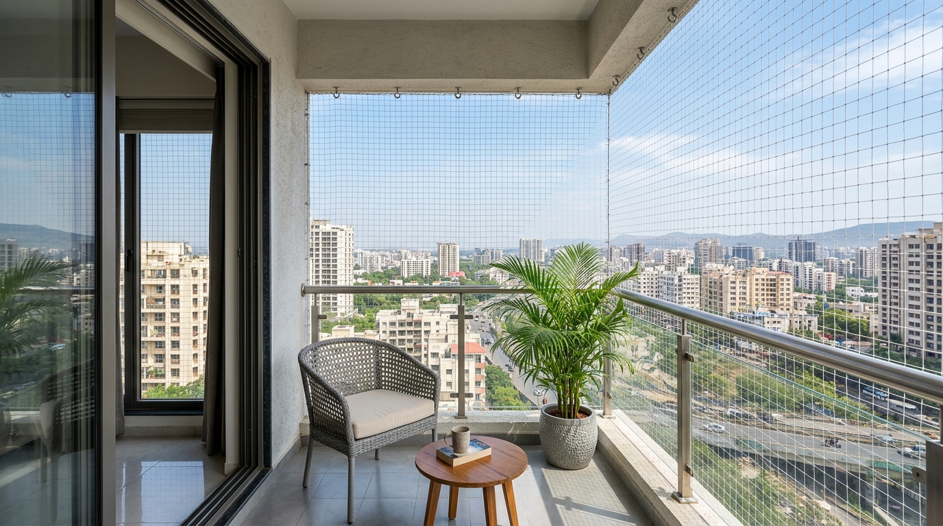 Balcony with installed bird safety netting and invisible grill