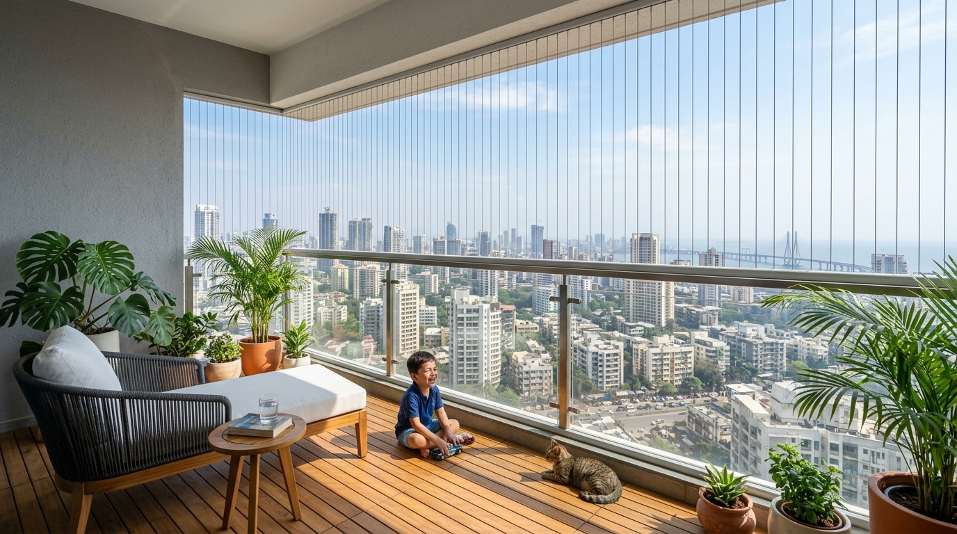 Modern balcony with invisible safety grill installation overlooking city