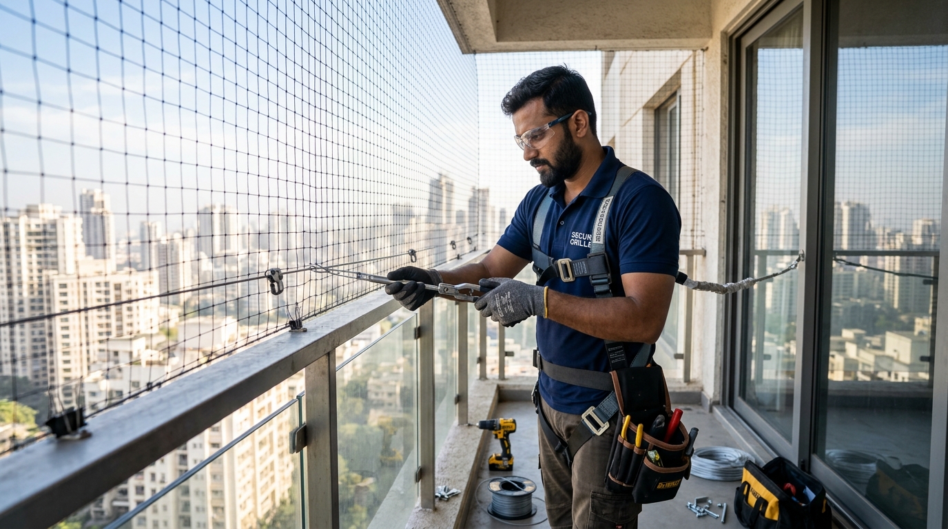 Professional bird net installer securing wire ropes on balcony in Dhule Maharashtra